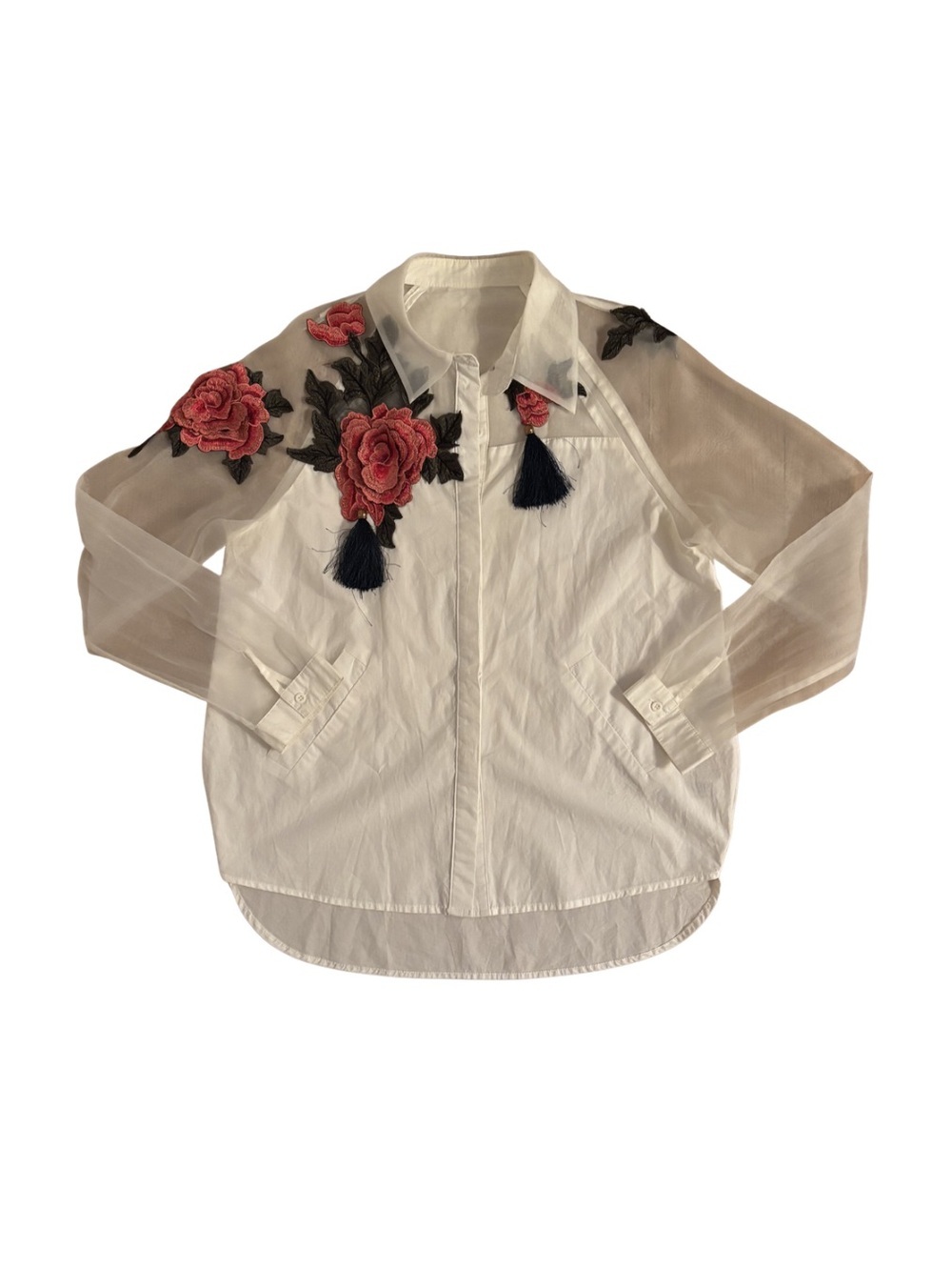 Vintage Sheer Organza Sleeve Button-Down Shirt with Red Rose Appliqué